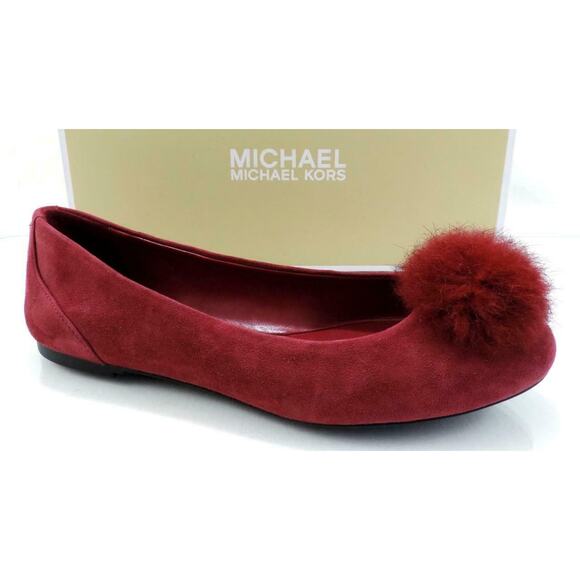 Michael Kors Remi Ballet Flat Shoes Pom Pom Mulberry Red Suede / Fur Size 7 - Picture 1 of 9